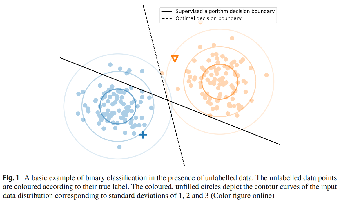 Fig. 1 A basic example of binary classification in the presence of unlabelled data.